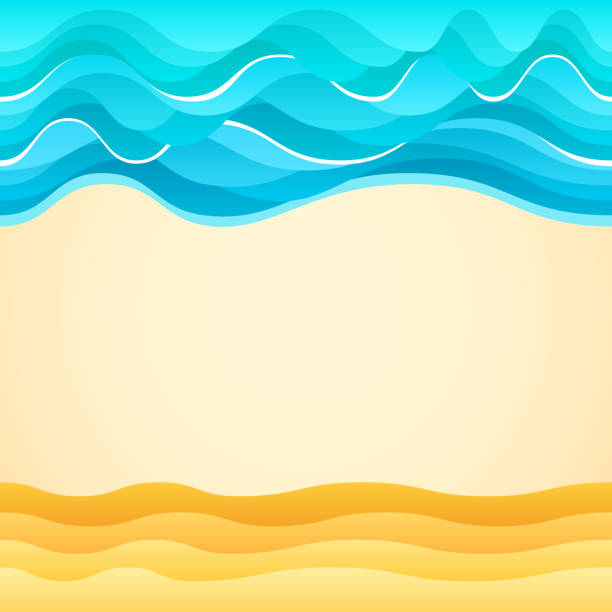 Summer beach, sand, sea waves. Holiday tourism Summer cartoon of beach scene with sand beach and sea waves. Holiday vector illustration. Design for summer tourism plage stock illustrations