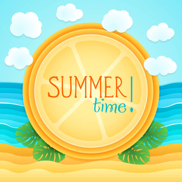 Summer beach, sand, sea, monstera. Holiday tourism Summer cartoon with orange slice as circle frame on beach scene with sand, sea, clouds and monstera leaves. Holiday vector illustration. Design for summer tourism plage stock illustrations