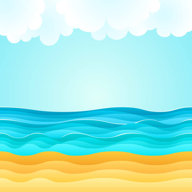 Summer beach, sand, sea, clouds. Holiday tourism Summer cartoon of beach scene with sand beach, sea waves and fluffy clouds. Holiday vector illustration. Design for summer tourism plage stock illustrations