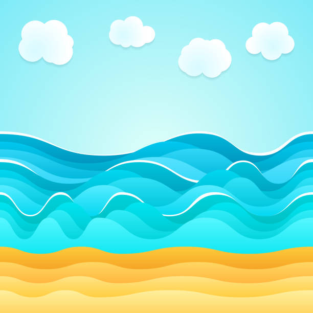 Summer beach, sand, sea, clouds. Holiday tourism Summer cartoon of beach scene with sand beach, sea waves and fluffy clouds. Holiday vector illustration. Design for summer tourism plage stock illustrations