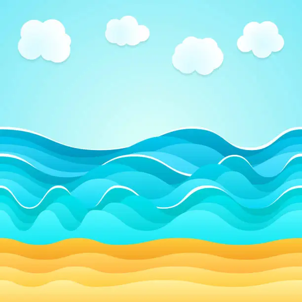 Vector illustration of Summer beach, sand, sea, clouds. Holiday tourism