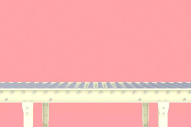 istock Empty white conveyor line isolated on a pink background, Delivery concept, For product display, 3d rendering 992747276