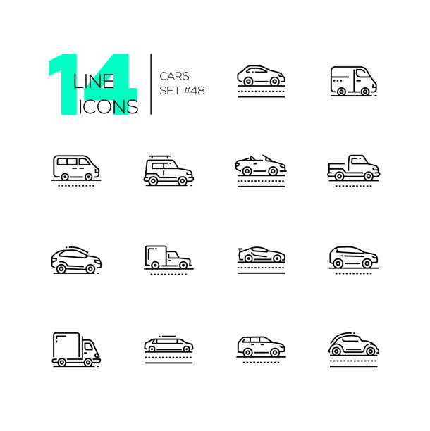 samochody - zestaw ikon stylu projektowania linii - hatchback stock illustrations