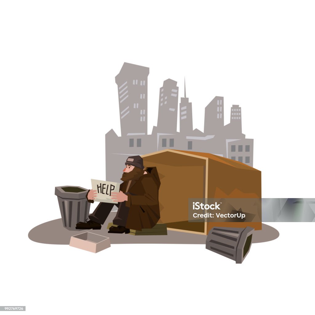 Homeless man with paper sign cartoon style vector illustration. Comic book style imitation. Object On cytiscape background. Conceptual illustration Homeless man with paper sign cartoon style vector illustration. Comic book style imitation. Object On cytiscape background. Homelessness stock vector