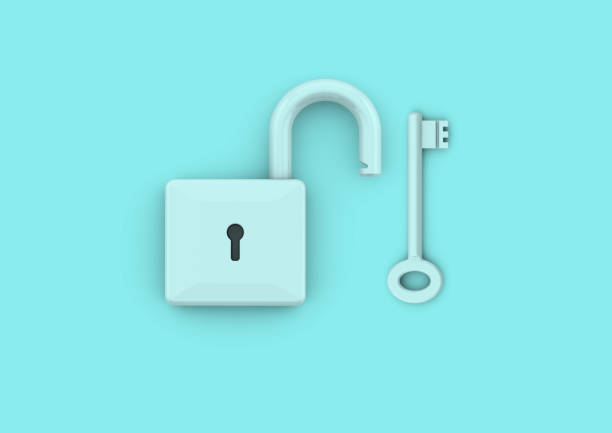 Unlocked padlock with key. Minimalist style concept for business, careers, key to success, unlocking potential and security.