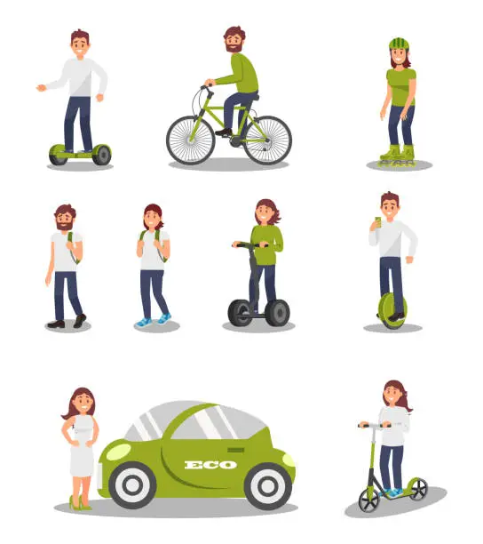 Vector illustration of Eco friendly alternative transportation vehicle set, people riding modern electric car, scooter, bicycle, segway, healthy and active lifestyle vector Illustrations