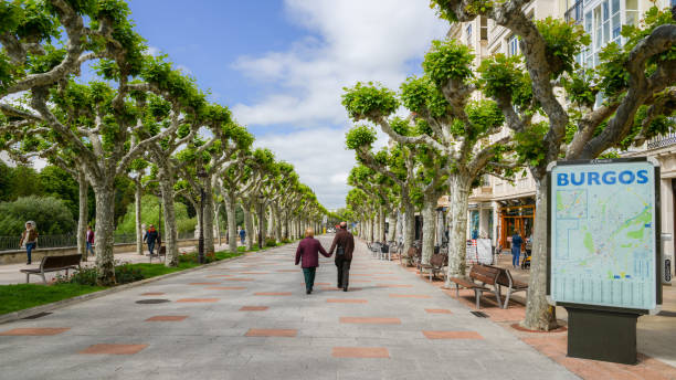 Burgos, Spain - June 13, 2018: Elderly couple holding hands on a tree-lined promenade boulevard during the Spring at the historic centre of Burgos, Spain