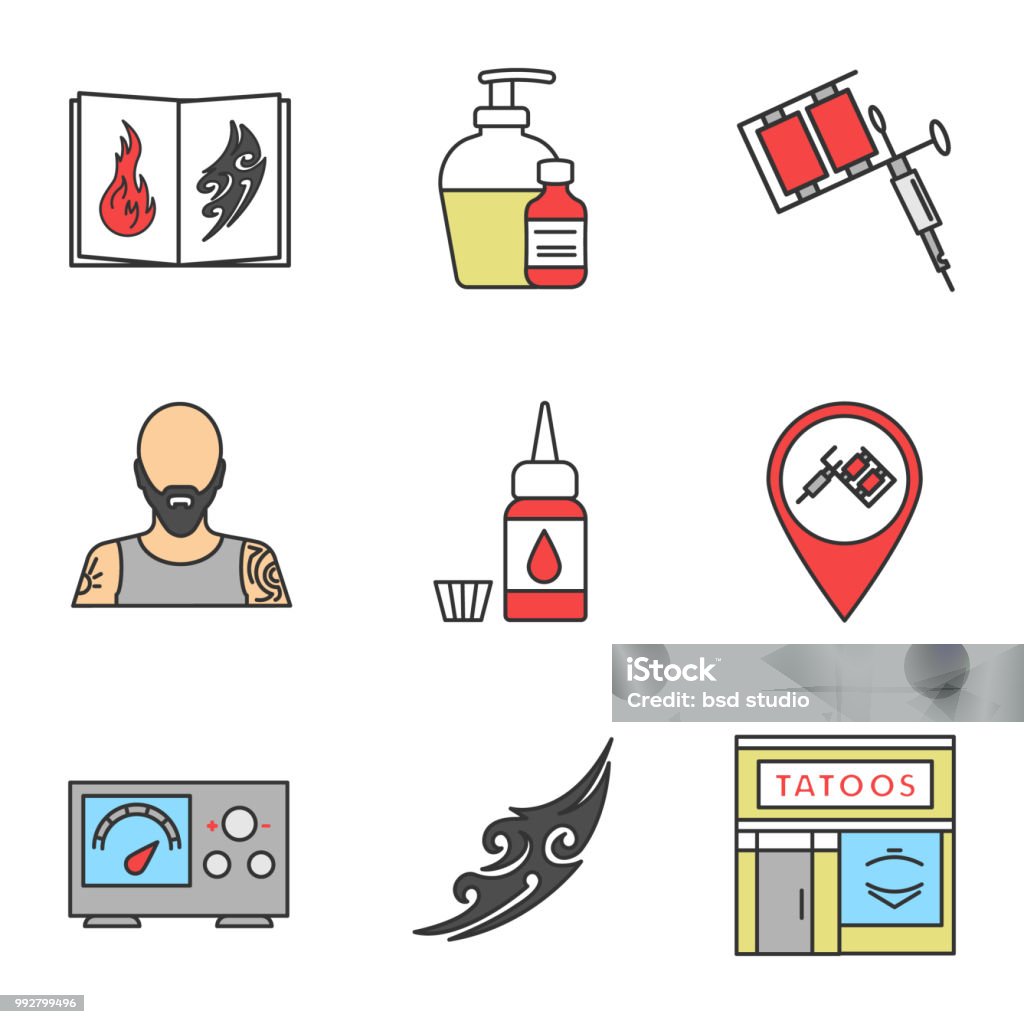 Tattoo studio icons Tattoo studio color icons set. Vector. Tattoos catalog, tattooist's machine, ink bottle and cap, studio location, power supply, sketch, Illustration stock vector