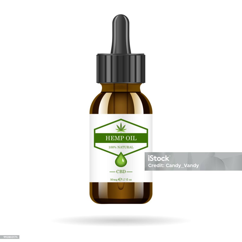 Realistic brown glass bottle with hemp oil. Mock up of cannabis oil extracts in jars. Medical Marijuana logo on the label. Vector illustration. Realistic brown glass bottle with hemp oil. Mock up of cannabis oil extracts in jars. Medical Marijuana logo on the label. Vector illustration Essential Oil stock vector