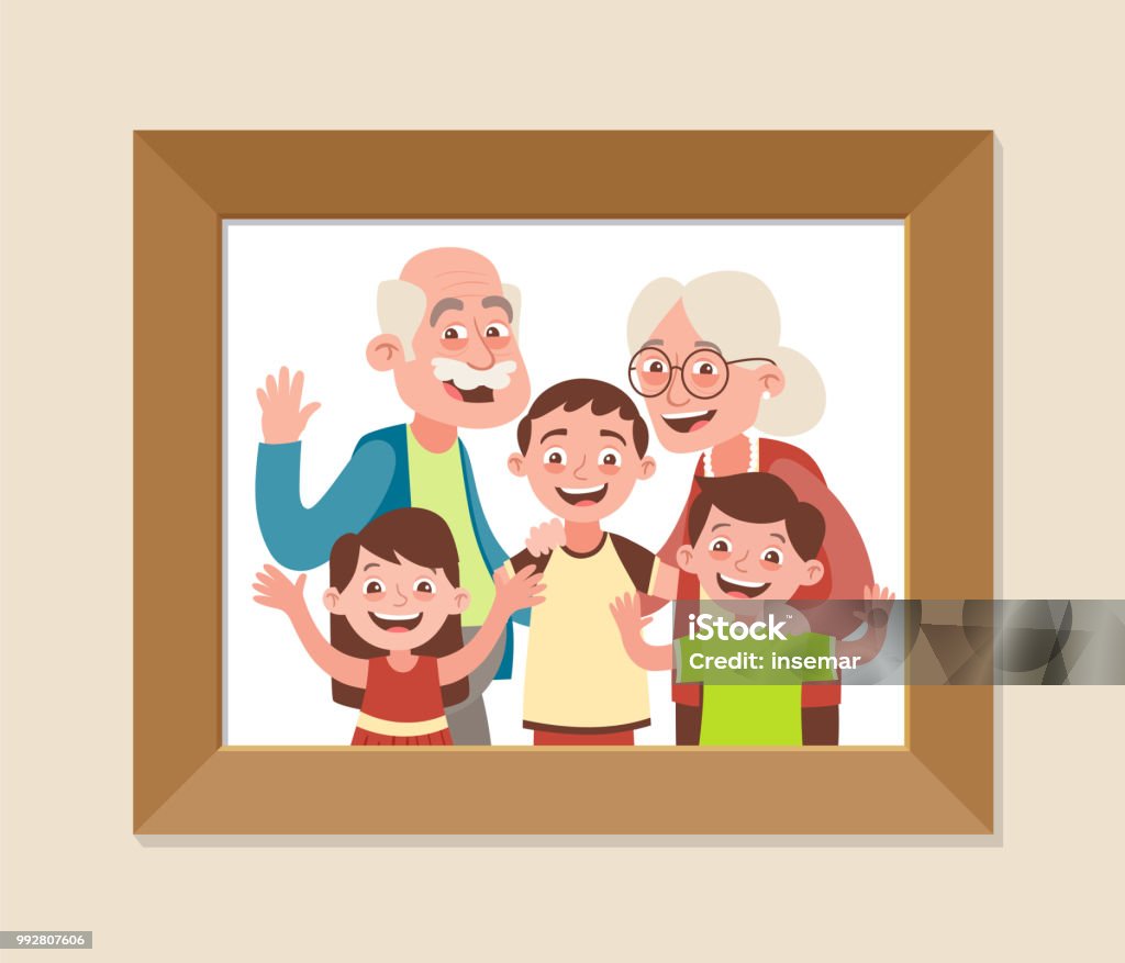 Grandparents and grandchildren Grandparents and grandchildren framed photo. Grandparents day celebration. Happy grandparents and children. Vector illustration in cartoon style. Grandparent stock vector