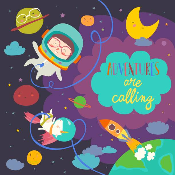 ilustrações de stock, clip art, desenhos animados e ícones de girl astronaut with her unicorn - heat beautiful joy happiness