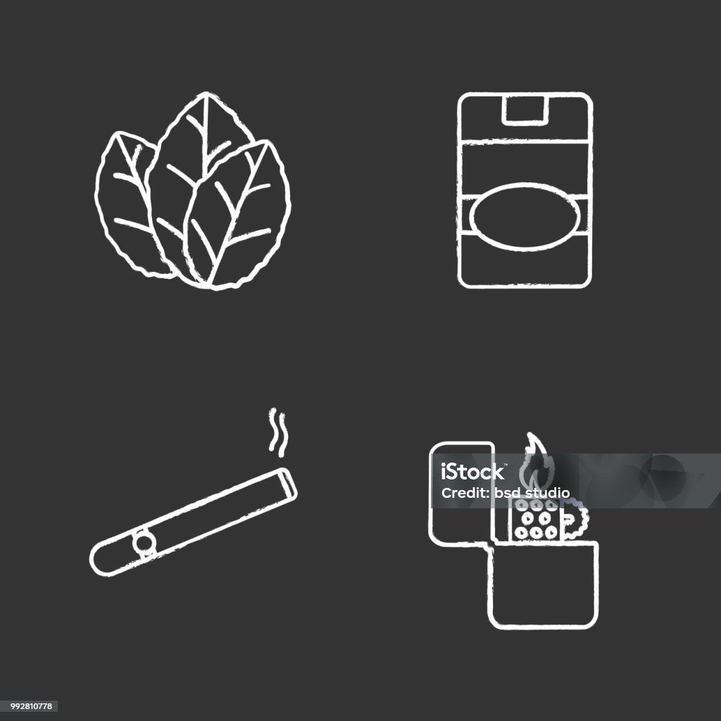 Smoking icons Smoking chalk icons set. Vector. Tobacco leaves, cigarette lighter, burning cigar, cigarette pack Burning stock vector