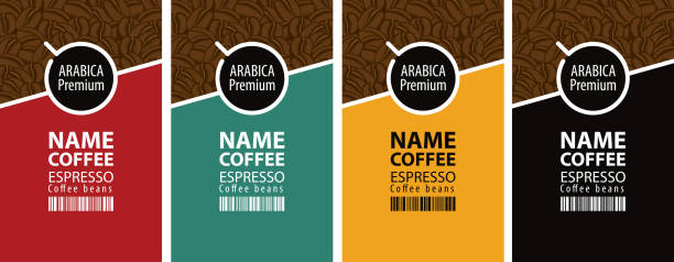 Vector set of labels for coffee beans Vector set of four coffee bean labels. Coffee labels with coffee Cup and bar code on different color background label backgrounds stock illustrations