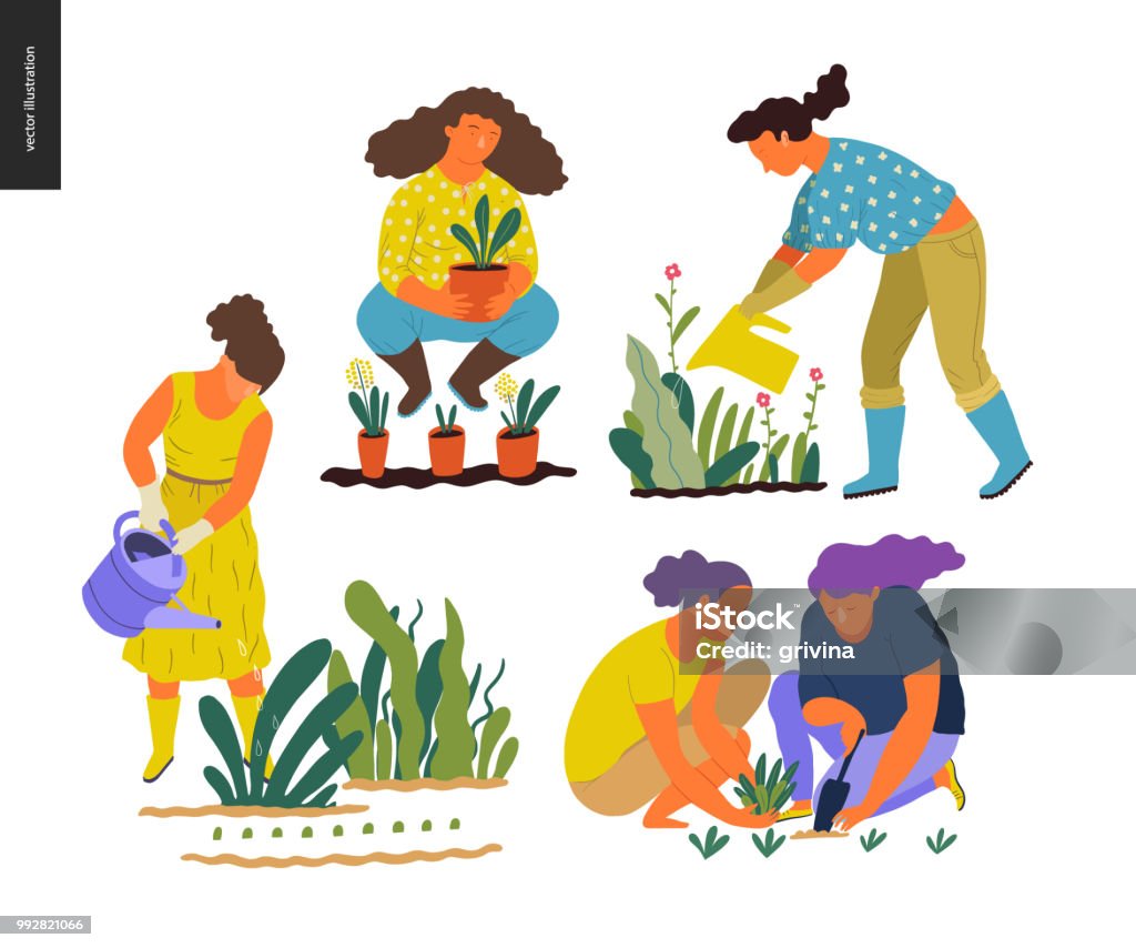 People summer gardening People summer gardening - set of vector flat hand drawn illustrations of people doing garden job - watering, planting, growing and transplant sprouts, self-sufficiency concept Gardening stock vector