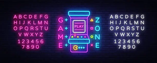 Vector illustration of Game Zone Logo Vector Neon. Game Room neon sign board, design template, Gaming industry advertising, Gaming Machine vector, light banner, bright neon design element. Vector. Editing text neon sign