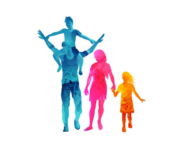 Young Cheerful Family Walking Together Young parents spending the day out relaxing and walking with their children. Vector illustration. family silhouettes stock illustrations