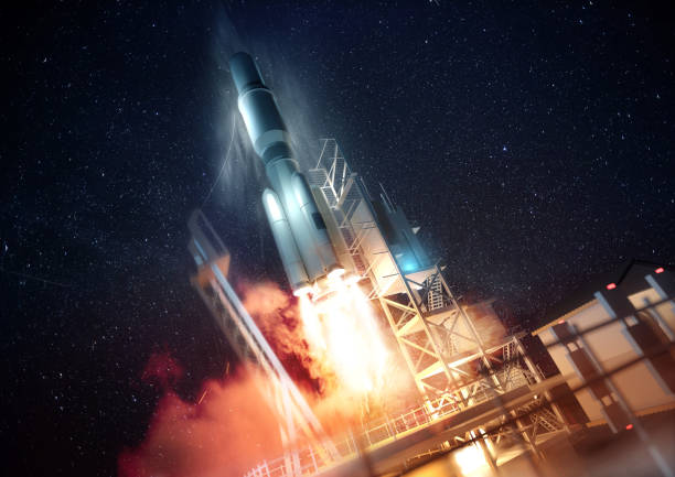 A Rocket Launching In Space A large commercial rocket being launched into space at night. 3D illustration. rocket launch platform stock pictures, royalty-free photos & images