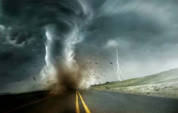 A powerful and dark storm producing a tornado crossing through fields and roads. Dramatic Landscape Mixed media illustration.