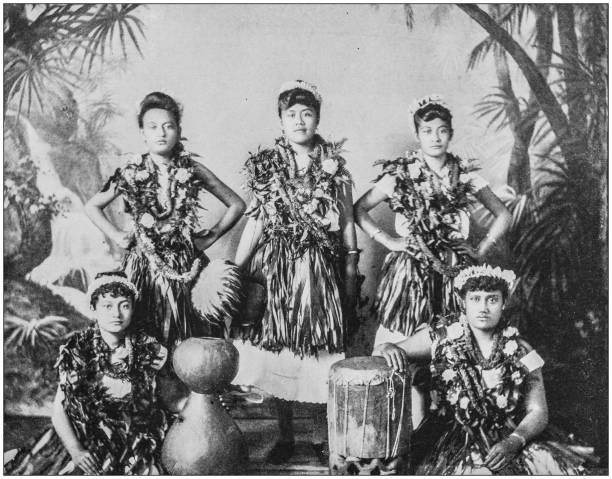 Antique photograph of America's famous landscapes: Native Girls of Hawaii Antique photograph of America's famous landscapes: Native Girls of Hawaii indigenous peoples of the americas photos stock illustrations