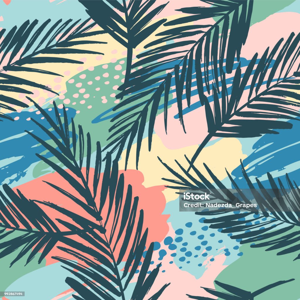 Sin fisuras patrón exóticos con plantas tropicales y experiencia artística. - arte vectorial de Patrones visuales libre de derechos