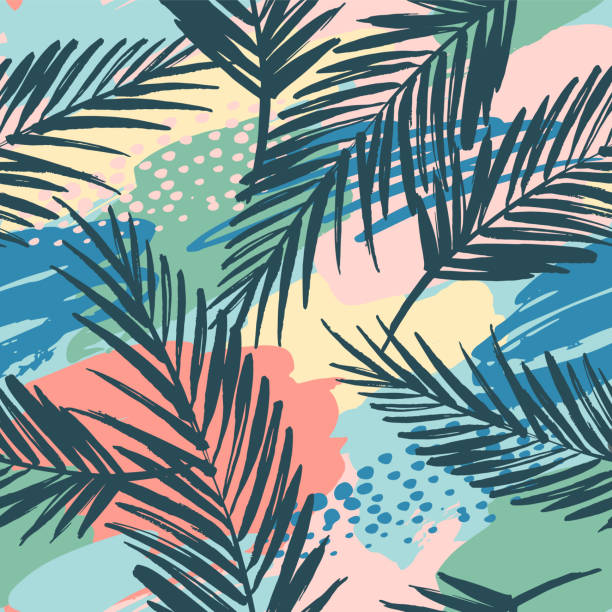 illustrazioni stock, clip art, cartoni animati e icone di tendenza di modello esotico senza cuciture con piante tropicali e sfondo artistico. - summer pattern