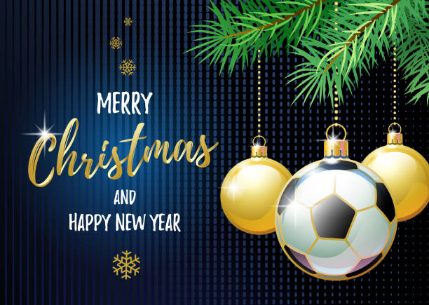 ilustrações de stock, clip art, desenhos animados e ícones de merry christmas and happy new year. sports greeting card. soccer. - new years party time