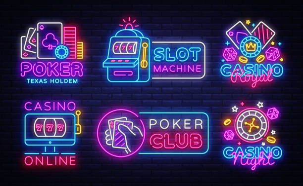 wielki neon colletion. logo i emblematy kasyna. szablon projektu kasyna neonowy znak, banner światła automat, poker neon szyld, nowoczesny projekt trendu, nocna jasna reklama. wektor - gambling dice casino backgrounds stock illustrations