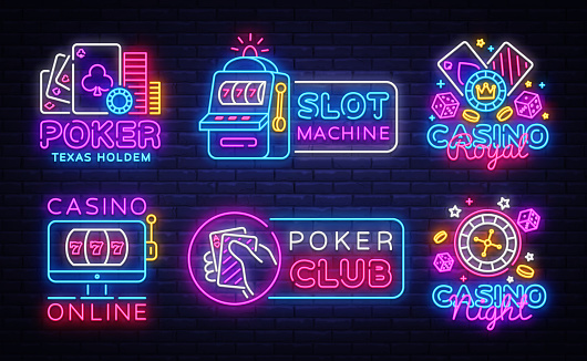 Big colletion neon sign. Casino logos and emblems. Casino Design template neon sign, Slot Machine light banner, Poker neon signboard, modern trend design, nightly bright advertising. Vector.