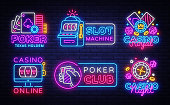 Big colletion neon sign. Casino logos and emblems. Casino Design template neon sign, Slot Machine light banner, Poker neon signboard, modern trend design, nightly bright advertising. Vector