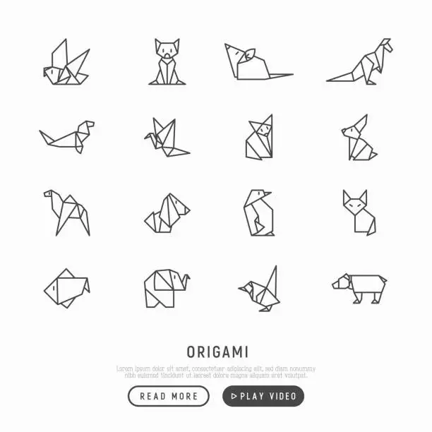 Vector illustration of Origami thin line icons set: penguin, camel, fox, bear, sparrow, fish, mouse, bird, elephant, kangaroo, hare, seal, raccoon. Modern vector illustration for workshop.