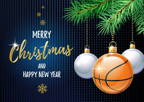 ilustrações de stock, clip art, desenhos animados e ícones de merry christmas and happy new year. sports greeting card. basketball. - new years party time