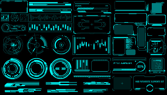 HUD Virtual Futuristic Elements Set Vector. Green Object Abstract Graphic For User Interface Control Panel Game Apps Illustration.