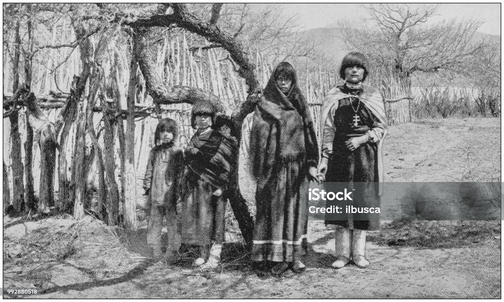 Antique photograph of America's famous landscapes: Family of Pueblo Indians, New Mexico Puebloan Peoples Stock Photo