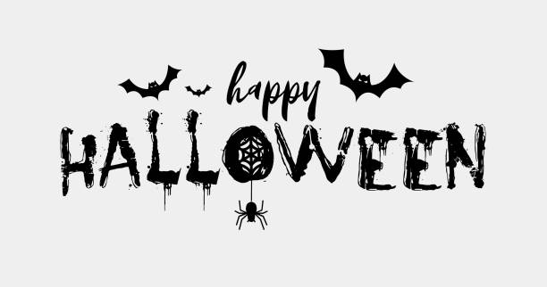 ilustrações de stock, clip art, desenhos animados e ícones de happy halloween text banner, party invitation card, flyer vector design template. spider and bat silhouette. - bat halloween spider web spooky
