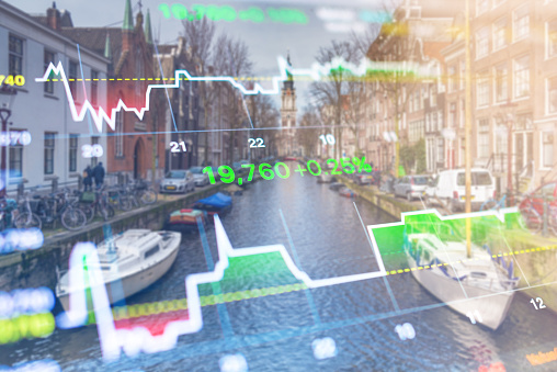 Investment stockmarket theme with panoramic view tourist and Street lifestyle at Amsterdam, Netherlands