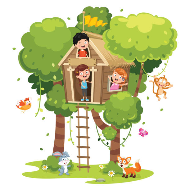 vektor-illustration von kindern spielen im baumhaus - baumhaus stock-grafiken, -clipart, -cartoons und -symbole