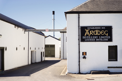 Isle of Islay, Scotland, UK - Part of the Ardbeg single malt whisky distillery on the Inner Hebridean island of Islay.