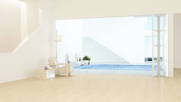 istock Interior relax space connect swimming pool and 3d rendering - nature view background 992927772