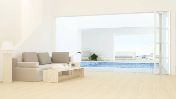 istock Interior relax space connect swimming pool and 3d rendering - nature view background 992927812