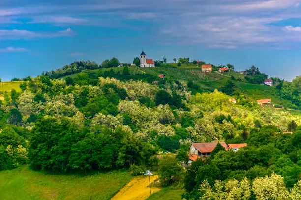 Scenic view at picturesque village on hill Zagorska sela in Croatia, popular travel destination.