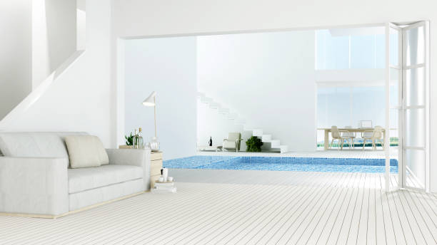 istock Interior relax space connect swimming pool and 3d rendering - nature view background 992927900