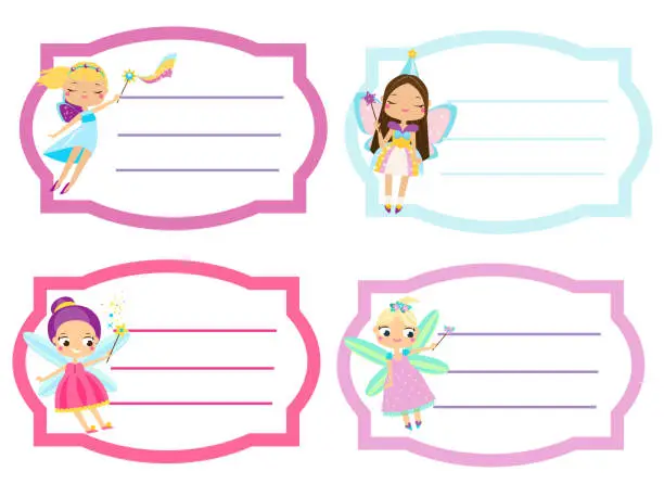 Vector illustration of School labels with beautiful flying fairy. Name tags, Stickers for girls, pupil notebooks