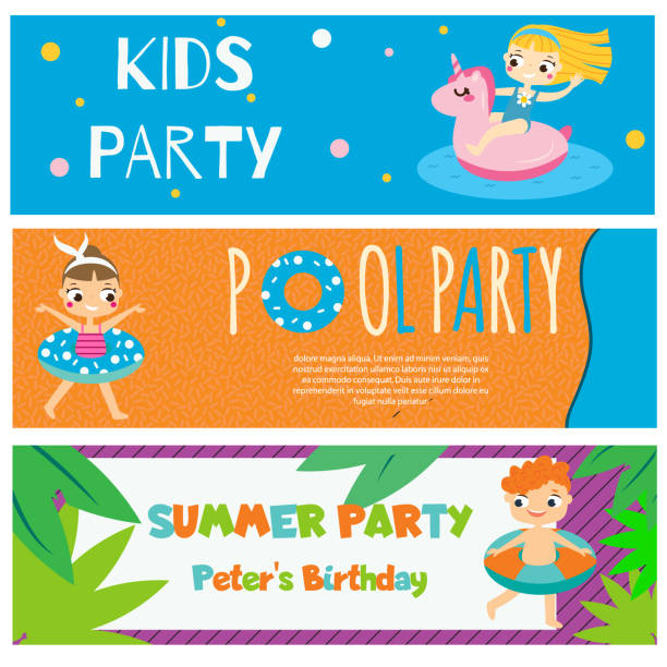 Kids summer party banners. Invitations, advertisements with happy children having outdoor beach activity Kids summer party banners. Tickets, invitations, advertisements with happy children having outdoor beach activity. girl levitating stock illustrations