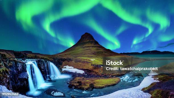 Northern Light Aurora Borealis At Kirkjufell In Iceland Kirkjufell Mountains In Winter Stock Photo - Download Image Now