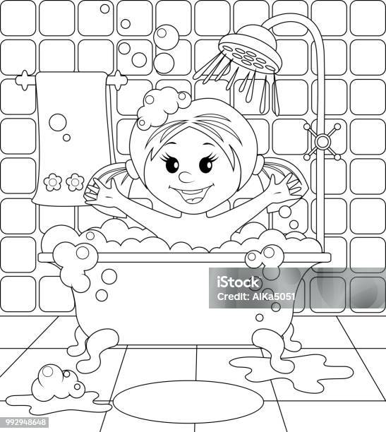 Girl In The Bathroom Black And White Vector Illustration For Coloring Book Stock Illustration - Download Image Now