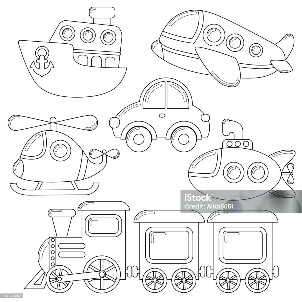 Set of cartoon transport icon. Car, submarine, ship, plane, train, helicopter. Black and white illustration for coloring book vector illustration Car stock vector