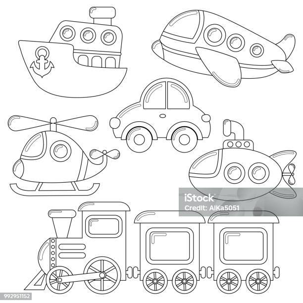 Set Of Cartoon Transport Icon Car Submarine Ship Plane Train Helicopter Black And White Illustration For Coloring Book Stock Illustration - Download Image Now