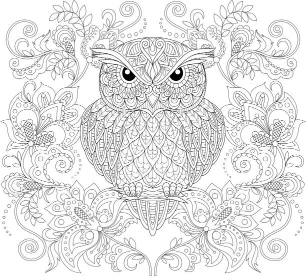 Vector illustration of Owl and floral ornament. Adult antistress coloring page. Black and white hand drawn doodle for coloring book