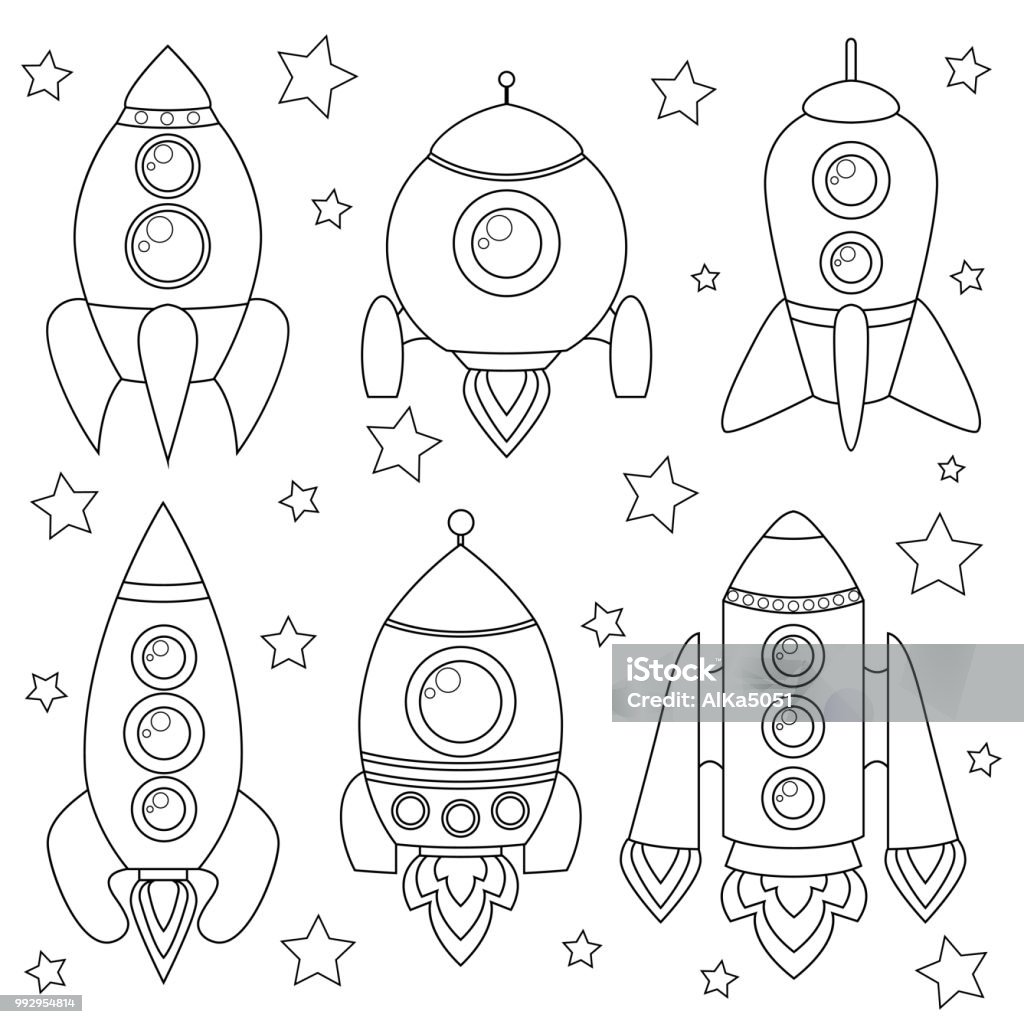 Cartoon spaceship. Black and white illustration for coloring book vector illustration Coloring Book Page - Illlustration Technique stock vector