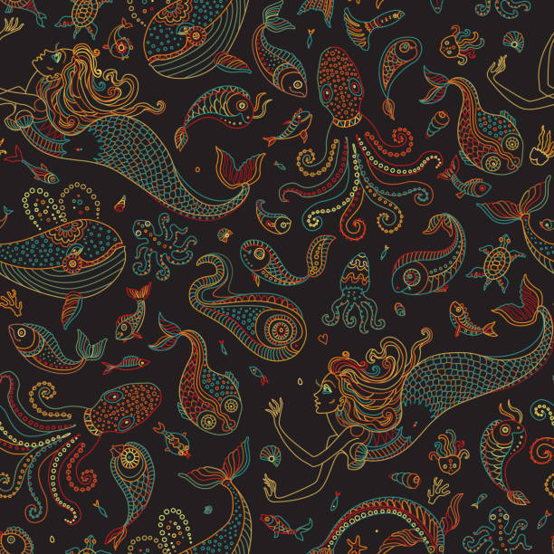 Vector seamless pattern. Fantasy mermaid, octopus, fish, sea animals colorful contour thin line drawing with ornaments on a black background. Embroidery border, wallpaper, textile print, wrapping paper Vector seamless pattern. Fantasy mermaid, octopus, fish, sea animals colorful contour thin line drawing with ornaments on a black background. Embroidery border, wallpaper, textile print, wrapping paper decoupage stock illustrations